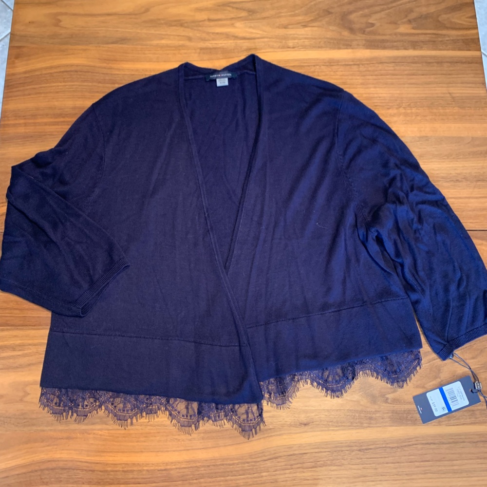 Tommy Hilfiger navy lace trim knit shrug, 3/4 sleeve, sz XL, NEW with tags